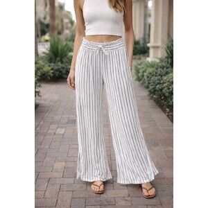 Salty Lemon Anthro Wide Leg Pants Size S White Blue Stripes Beachy Casual